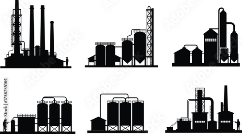 Industrial factory silhouette, refinery plant vector, chemical processing facility, oil gas industry illustration, manufacturing plant design, cad drawing flat vector illustration