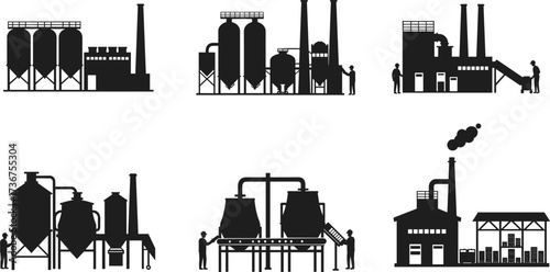 Industrial factory silhouettes, processing plant vector, technical flat drawing, black building icons, energy production, industrial architecture, infrastructure design, machinery worker illustration