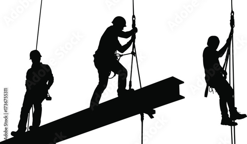 Silhouettes of construction workers on steel beam with safety harness and ropes, high rise building teamwork, ironworkers at height structural steel construction illustration