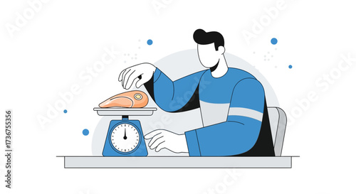 Man Verifying Fresh Meat Weight On Antique Scale Preparing Meal For Dinner Illustration