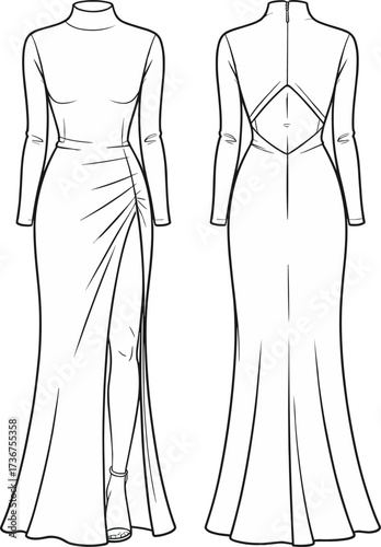 Elegant long sleeve evening dress fashion CAD, technical vector illustration front and back view, high neckline, draped skirt with slit, modern cutout