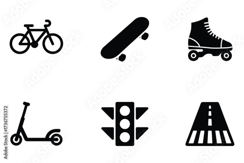 Collection of transportation icons bicycle skateboard roller skate scooter traffic light road crossing