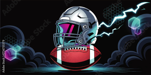 Futuristic American Football Helmet and Ball on Dark Background with Neon Lightning, Hexagons, and Digital Effects