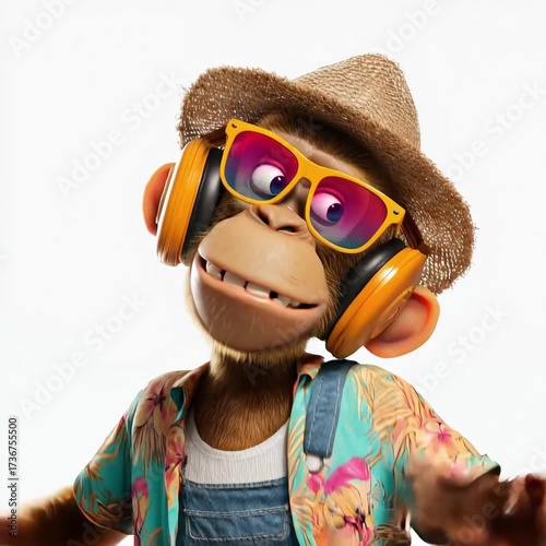 Fun cartoon monkey wearing sunglasses and headphones dances and enjoys music in a colorful outfit