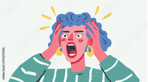 Scared woman screaming in colorful illustration for Halloween