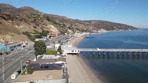 Aerial drone view of Malibu pier  Los Angeles California showing the beautiful Pacific Coastline