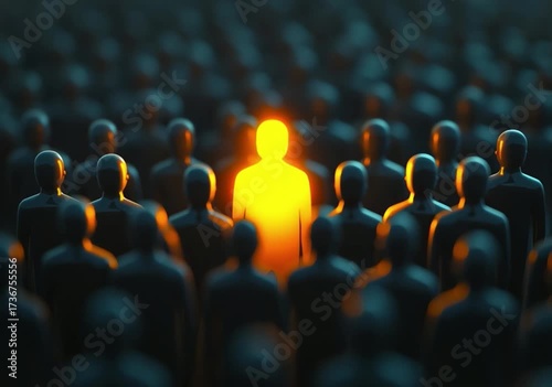 Shining figure among dark crowd in abstract representation of individuality and connection