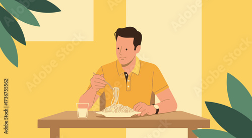 Man Enjoying a Meal of Pasta Dishes in a Vibrant Yellow Color Scheme