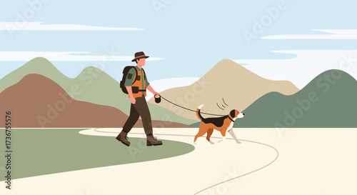 Man Walking Dog On a Leash With Mountain Landscape Background In Nature