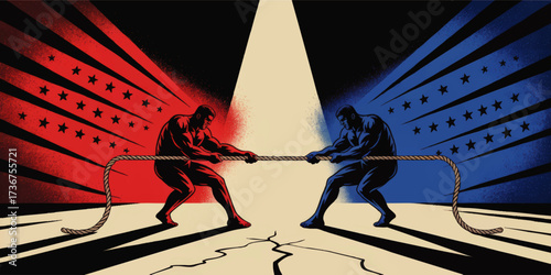 Political Tug of War Illustration – Red vs Blue Teams Competing, Rivalry, Conceptual Conflict, Competition, and Division