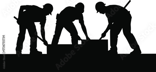 Silhouette of construction workers building foundation, teamwork labor illustration, masonry crew laying bricks, contractor silhouettes, heavy lifting teamwork, construction site workers with tools 