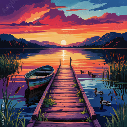 Vibrant Sunset Lake Landscape with Wooden Dock, Rowboat, Ducks, and Colorful Sky Reflection – Nature Scenery Illustration