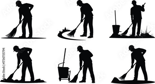 Silhouette of cleaning worker sweeping floor, janitor with broom and dustpan, sanitation worker illustration, street cleaner, housekeeping silhouettes, facility maintenance and cleaning services