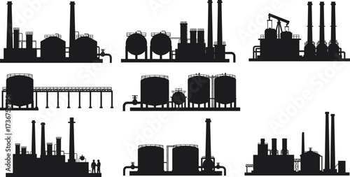 Oil and gas industry silhouettes, refinery vector, chemical plant illustration, petrochemical facility drawing, technical flat design, industrial energy infrastructure icons
