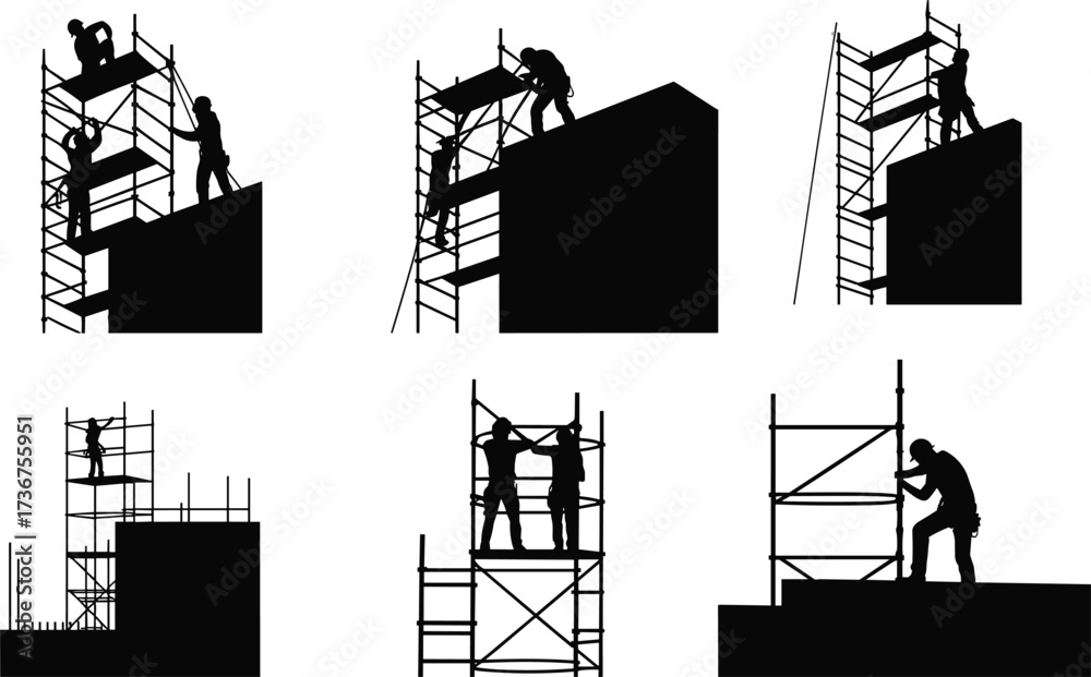 Naklejka premium Silhouette of workers assembling scaffolding on building structure, construction site labor, teamwork, safety, industrial workplace, high-rise work, scaffolding workers illustration