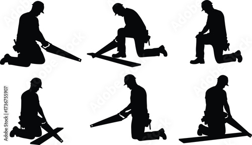 Silhouette of worker using hand saw, kneeling carpenter cutting wood, manual labor, construction task, woodworking tool, building work, carpentry silhouette illustration