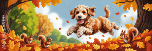Playful dog jumping among autumn leaves with curious squirrels in colorful fall forest, vibrant illustration ideal for seasonal designs