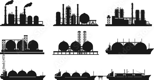 Oil and gas industry silhouettes, refinery vector, LNG tanker ship illustration, petrochemical plant drawing, technical flat design, industrial energy infrastructure