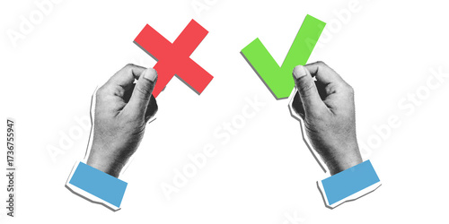 Fotografía Halftone hands holding a red cross and a green check mark