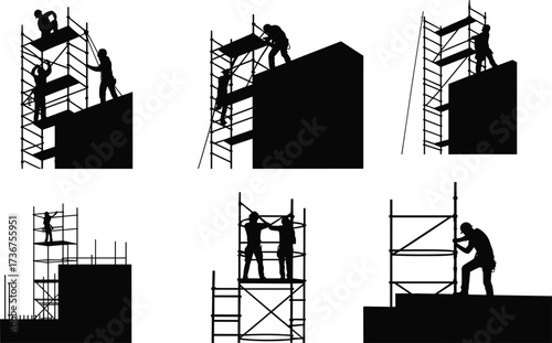 Silhouette of workers assembling scaffolding on building structure, construction site labor, teamwork, safety, industrial workplace, high-rise work, scaffolding workers illustration