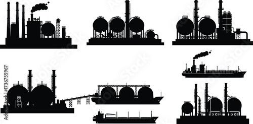 Oil and gas industry silhouettes, refinery vector, LNG ship illustration, petrochemical plant drawing, technical flat design, industrial energy infrastructure set