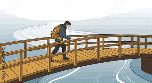 Man Walking Across a Wooden Bridge with Backpack and Headphones, Minimalistic Art