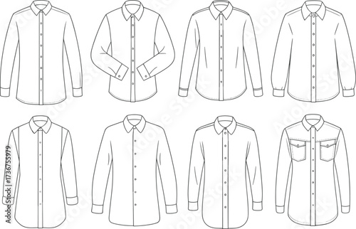 Button up shirts, fashion CAD sketch, technical flat drawing, vector illustration, garment construction, apparel template, clothing design, shirt variations, fashion design