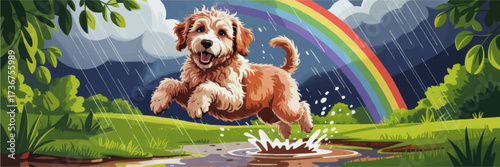 Playful dog jumping in rainy landscape with rainbow, colorful cartoon outdoors nature, joyful pet, vibrant vector illustration