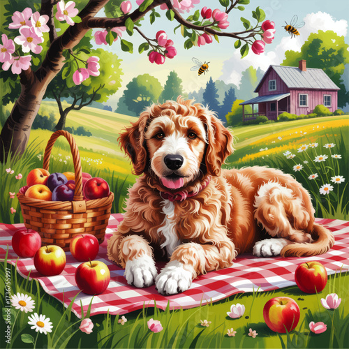 Adorable Fluffy Dog Relaxing on Picnic Blanket in Blossom-Filled Countryside Orchard with Apples and Rustic Cottage