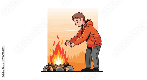 Man warming himself by a campfire in a colorful illustrative style