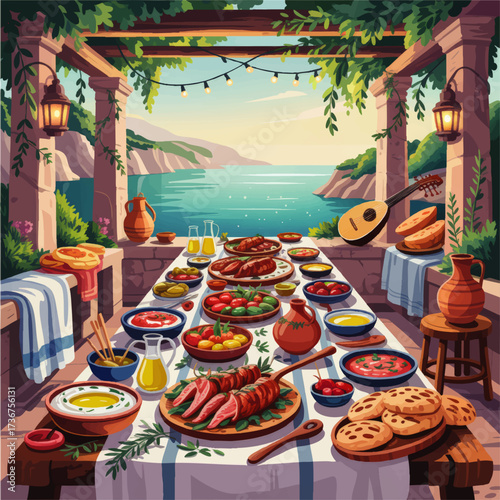 Mediterranean Feast on Terrace by the Sea – Vibrant Table Setting With Greek Food, Summer Sunset, Rustic Outdoor Dining Illustration