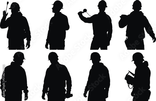 Silhouette of construction workers with tools and equipment, electricians, engineers, surveyors, site laborers, technical work, industrial workforce, building illustration, construction site