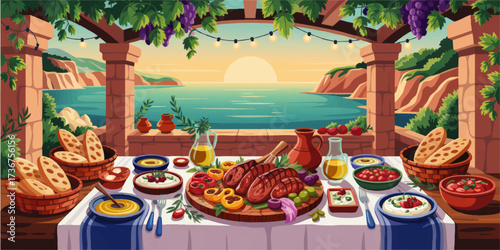 Mediterranean Feast on Scenic Seaside Terrace at Sunset, Colorful Outdoor Dinner Table with Greek Food, Bread, Olive Oil, and Vineyard View