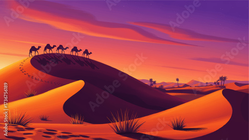 Stunning Camel Caravan Crossing Vibrant Desert Dunes at Sunset, Colorful Evening Sky, Digital Illustration Landscape