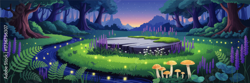 Enchanted Forest Landscape at Twilight with Glowing Fireflies, Lush Greenery, Mushrooms, Wildflowers, and Magic River – Fantasy Nature Vector Illustration
