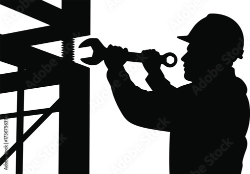 Silhouette of construction worker using wrench on large screw, tightening bolt, repair maintenance, industrial mechanical work, construction site labor, building repair illustration