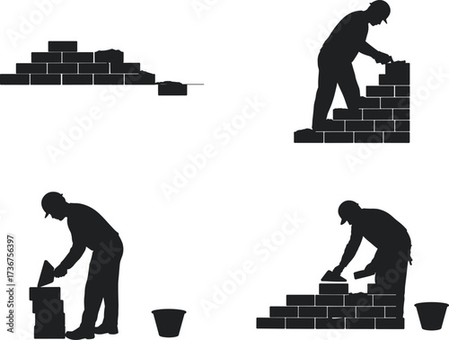 Silhouette of construction workers building brick wall, masonry process, stacking bricks, construction labor, site work, building development illustration, workers with tools