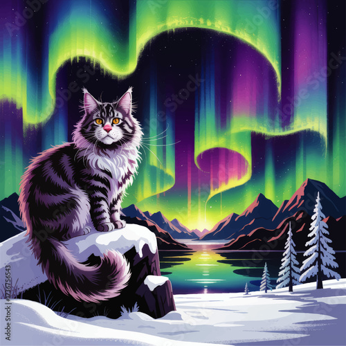 Majestic Cat Watching Northern Lights Aurora Over Snowy Mountain Landscape, Vibrant Night Sky, Winter Nature Illustration