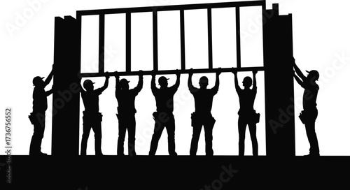Silhouettes of construction workers lifting wall frame together, teamwork collaboration, building installation, industrial site labor, worker unity, collective effort construction illustration