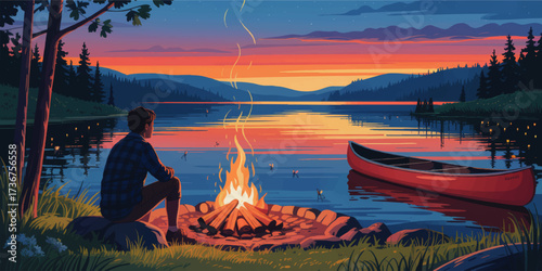 Serene Lake Sunset Camping Illustration – Man by Campfire with Canoe, Peaceful Nature Adventure, Tranquil Wilderness Evening