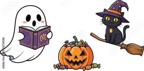 Adorable halloween cartoon featuring a ghost reading pumpkin candy and witch cat