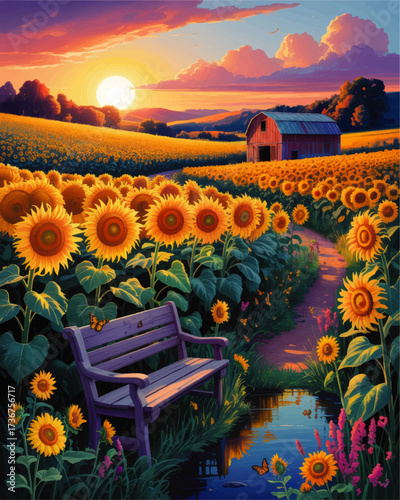 Scenic sunflower field at sunset with rustic barn, wooden bench, butterflies, and vibrant countryside landscape