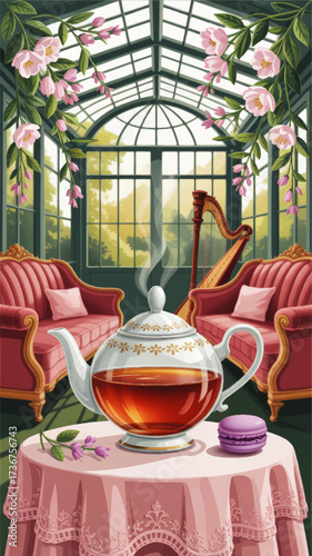 Elegant Afternoon Tea in Sunlit Conservatory with Vintage Sofas, Floral Décor, Harp, Macaron, and Porcelain Teapot Illustration