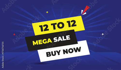 Mega sale 12 to 12 buy now editable web banner vector art template design badge icon label white black gray yellow shapes dark blue light sun shine abstract business background