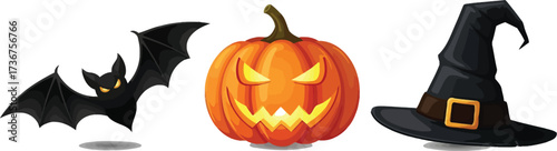 Spooky halloween night with a bat jack o lantern pumpkin and a witch hat illustration