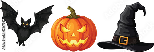 Spooky halloween vector illustration featuring a bat jack o lantern and witch hat
