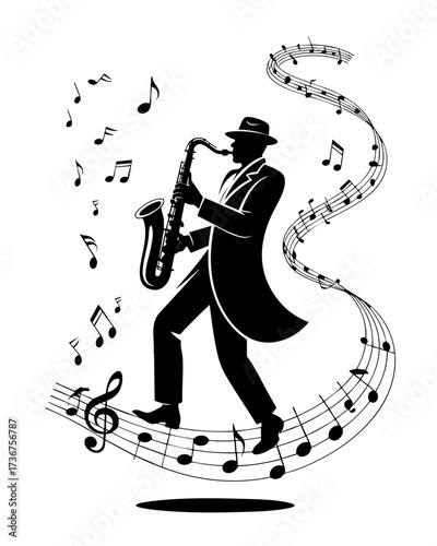 Jazz Saxophonist Silhouette Playing Music with Flowing Notes, Energetic Melody and Rhythm, Isolated on Transparent Background