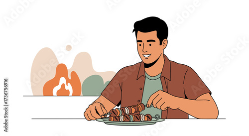 Man Enjoying Barbecue Skewers Beside A Fireplace Ready For A Cozy Evening Dinner