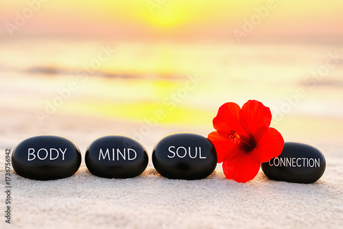 Body mind soul connection stones on beach at sunset symbolizing wellness balance and spirituality, Meditation and mindfulness concept background
