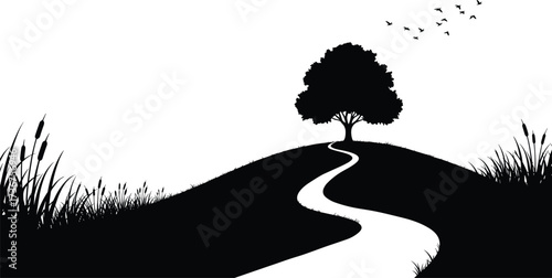 Silhouette nature landscape, winding path, solitary tree, flying birds, marsh grass, cattails, peaceful outdoor scene, black vector illustration, tranquil environment
